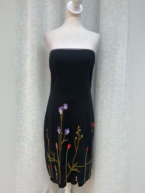 Nicole Miller black strapless midi dress with floral sequins